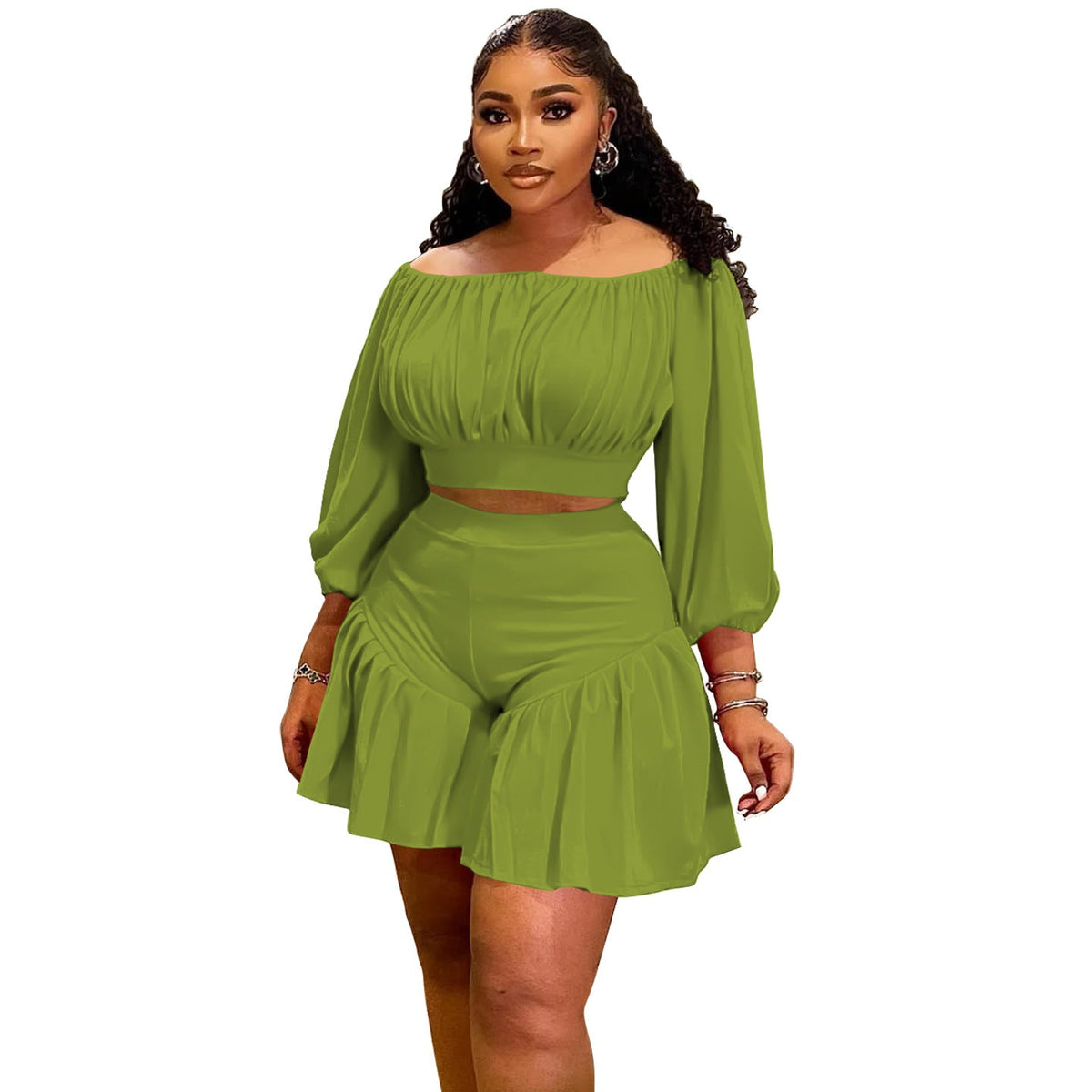 New Plus Size Two-Piece Women'S Set With Ruffled Off-Shoulder Design