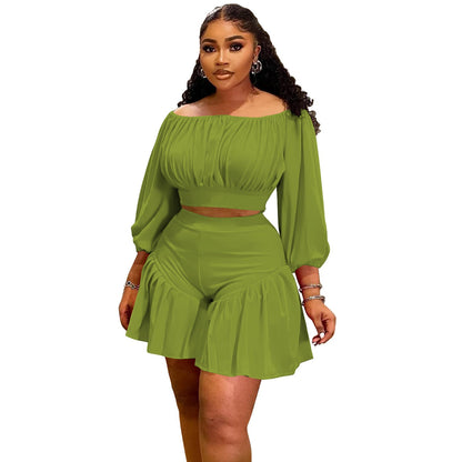 New Plus Size Two-Piece Women'S Set With Ruffled Off-Shoulder Design