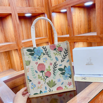 Embroidered Lily Flower Tote Bag Stylish High-Quality Linen Handbag