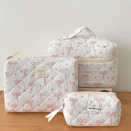 Sweet Bowknot Makeup Bag Quilted Portable Beauty Organizer