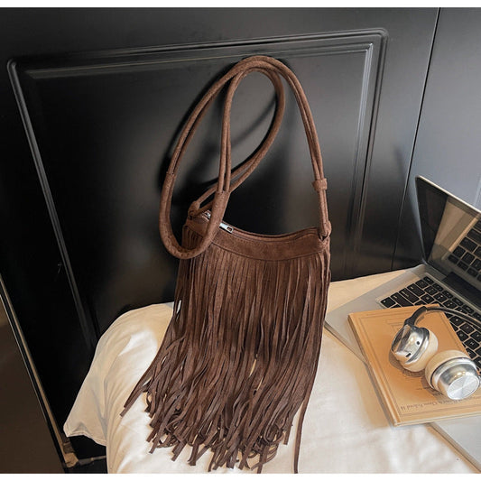 Vintage Suede Fringe Crossbody Bag Stylish PU Leather Shoulder Bag