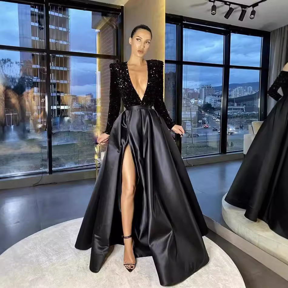 Sequined Deep V-Neck A-Line Evening Gown With Long Sleeves