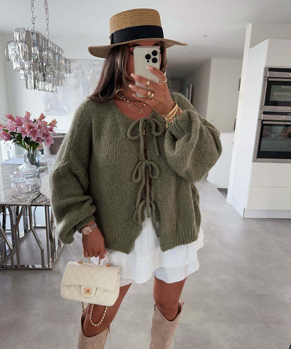 Crew Neck Lace-Up Knitted Cardigan Jacket Autumn And Winter New Solid Color Commuting Simple Sweater Women