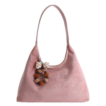 Floral Rhinestone Shoulder Bag Trendy Casual PU Handbag