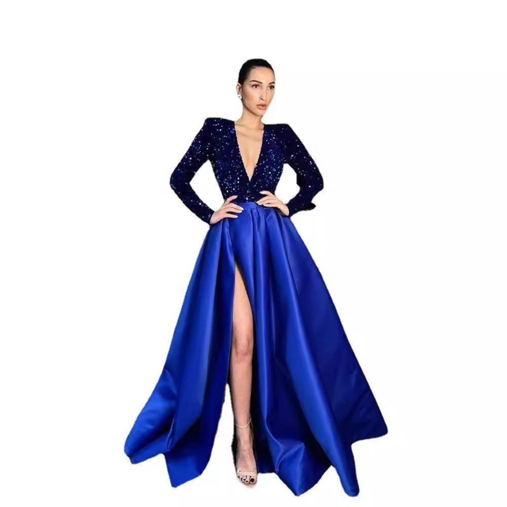 Sequined Deep V-Neck A-Line Evening Gown With Long Sleeves