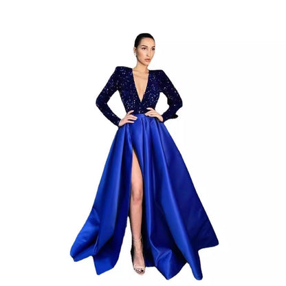 Sequined Deep V-Neck A-Line Evening Gown With Long Sleeves