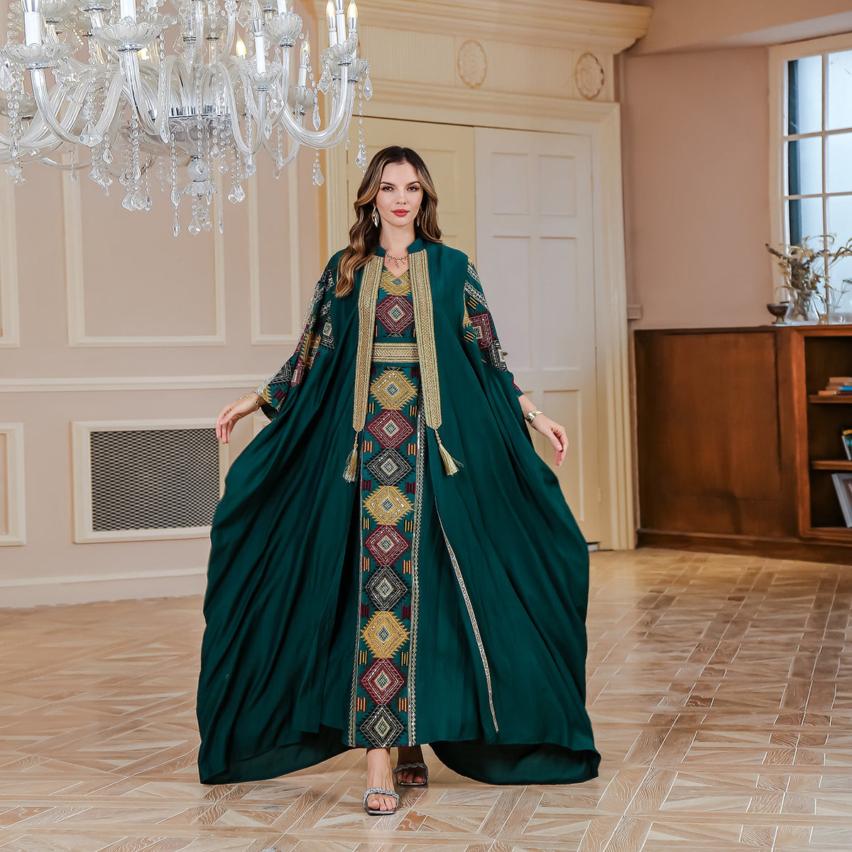Embroidered Muslim Abaya Dress Set with Elegant Long Robe