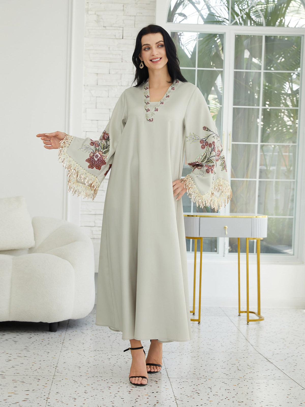 V-Neck Printed Fringed Abaya Dress for Women