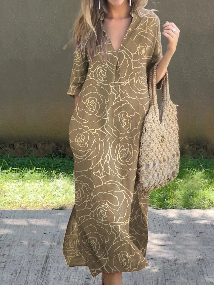 New Casual Summer Loose Skirt Slit V-Neck Print Imitation Hemp Dress Cotton