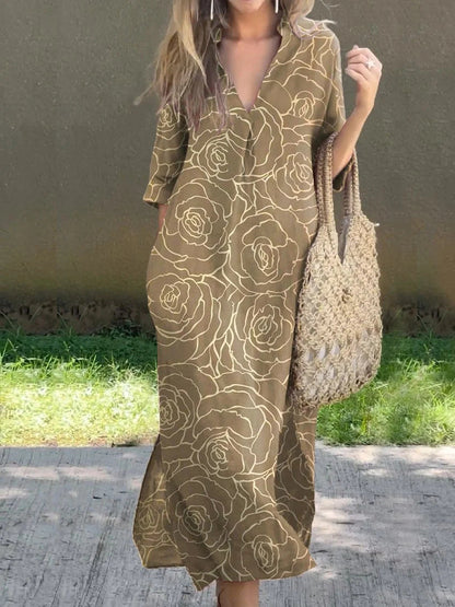 New Casual Summer Loose Skirt Slit V-Neck Print Imitation Hemp Dress Cotton