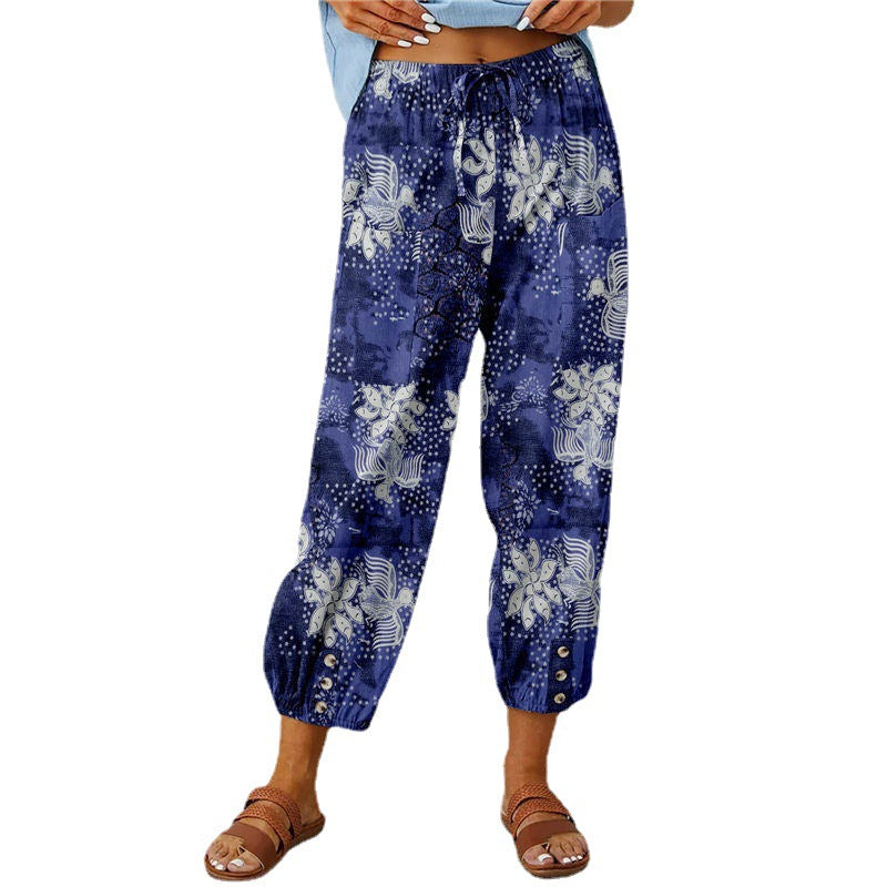 Cotton And Linen Women'S Pants High-Waisted Drawstring Cropped Pants Elasticated Waist Corset Retro Print Pants