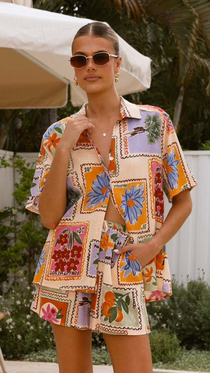 Elegant Floral Print Linen Short Set for Casual Wear