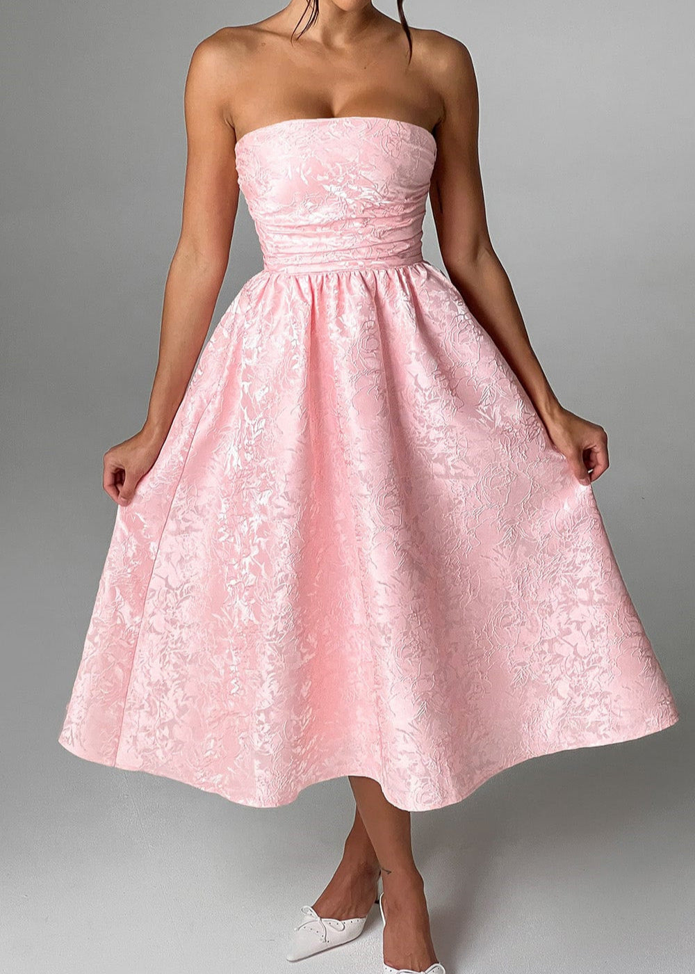 Strapless Jacquard Midi Dress with Corset Back