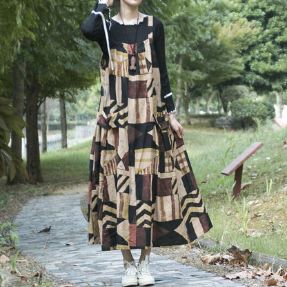 Spring And Autumn Ethnic Style Printed Cotton Hemp Strap Dress Loose Swing Large Pocket Long Dress