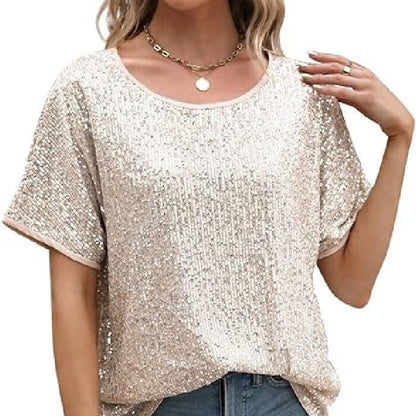 Loose Sequin Deep V-Neck Short Sleeve Top