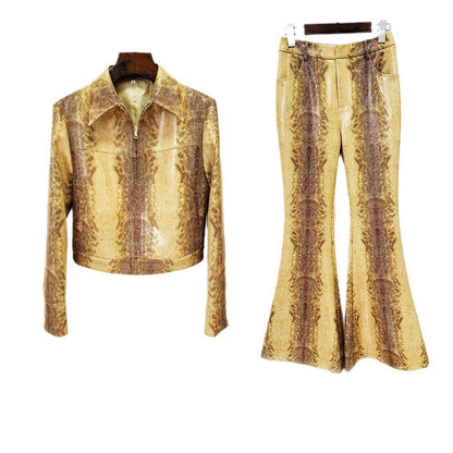 Snake Skin Pattern Faux Leather Jacket & Flared Pants Set