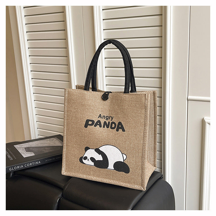 Portable Panda Canvas Tote Bag Cute Retro Shopping Bag