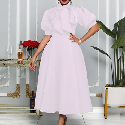 Elegant Solid Color Midi Dress With Bow Detail