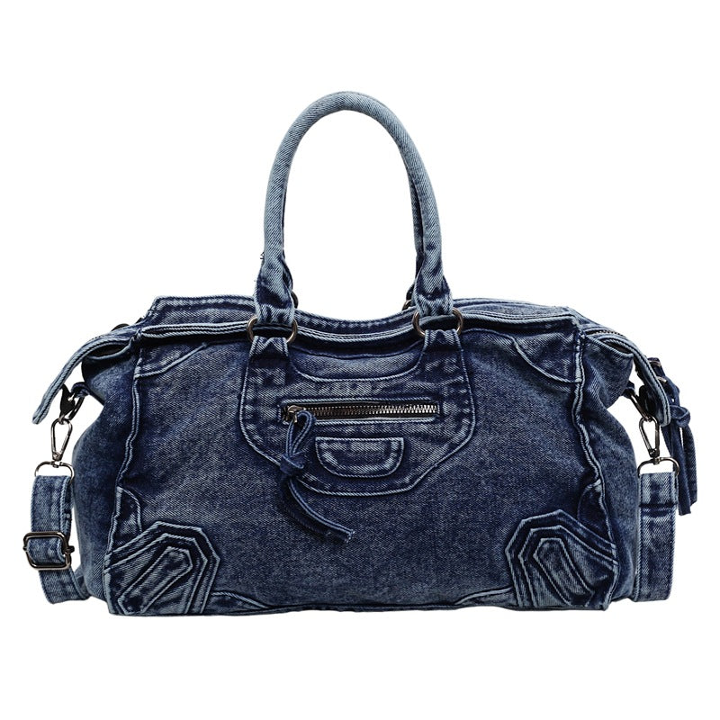 High Capacity Denim Motorcycle Bag Trendy Casual Shoulder Bag