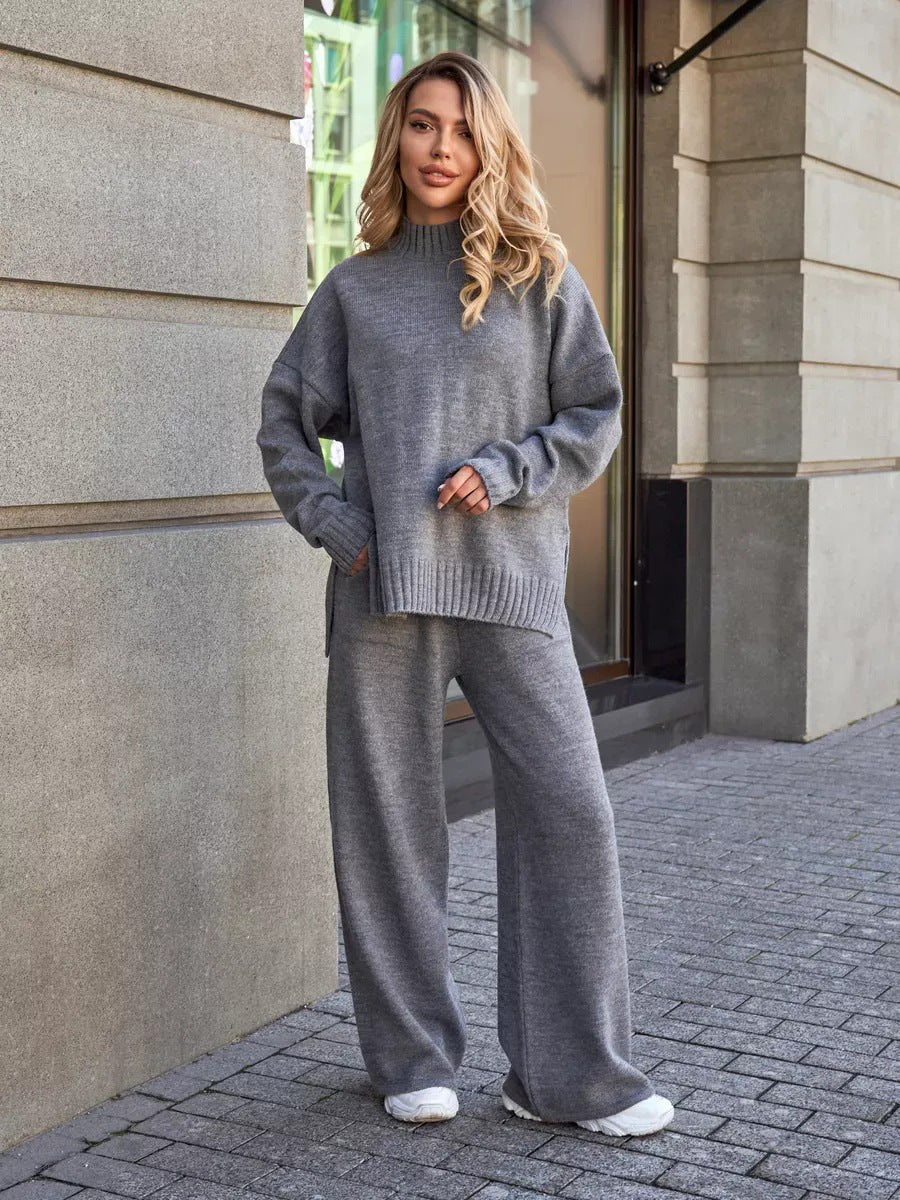 Women's Cozy Knitted High Neck Sweater Set in Solid Gray