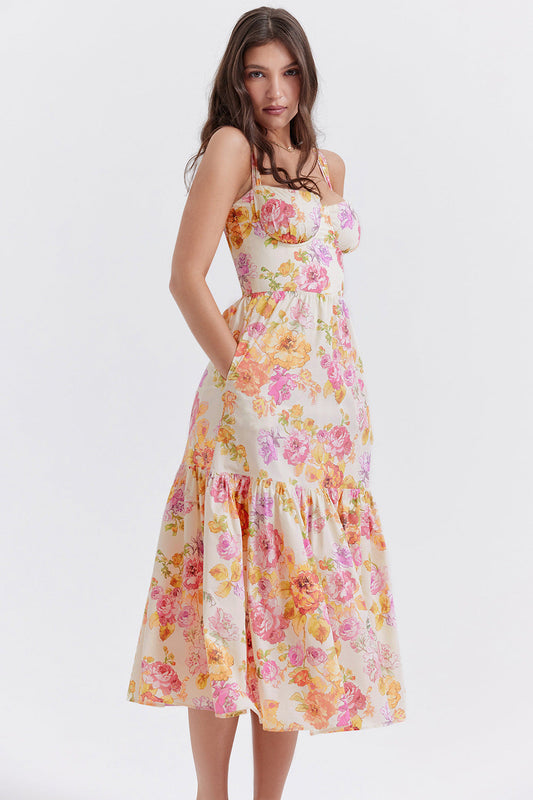 Corset Floral Midi Aline Spaghetti Dress