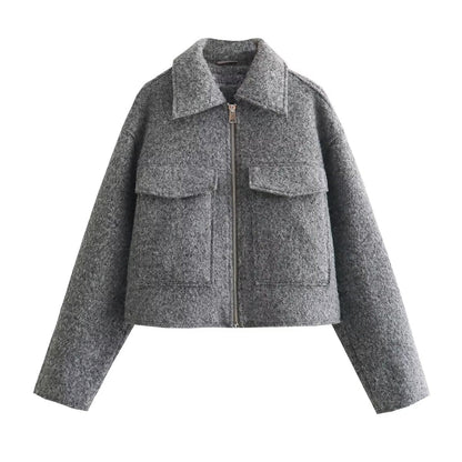 Lapel Zipper Pocket Casual Short Jacket