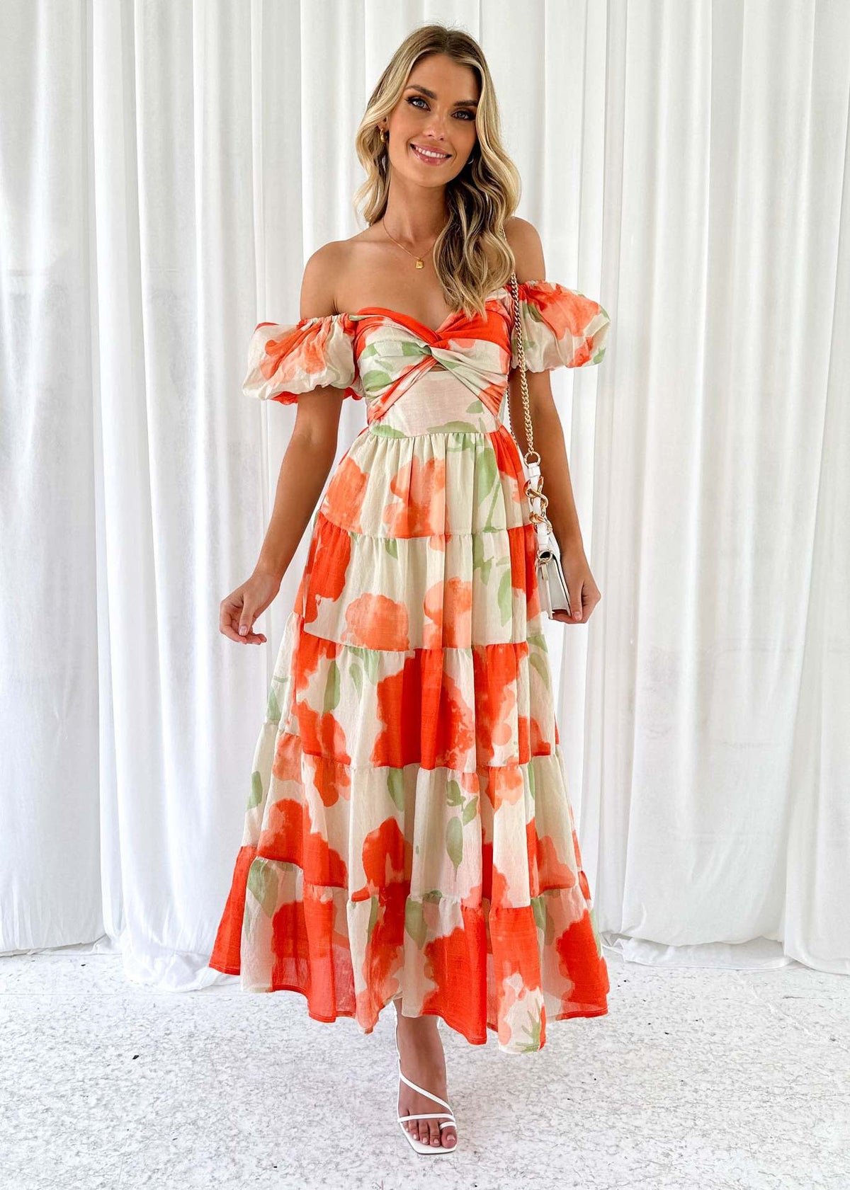 Floral Backless Puffy Sleeves Long Dress