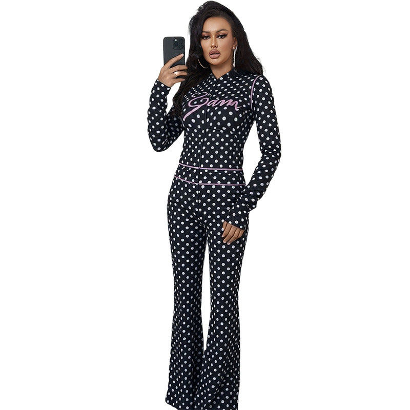 Dot Letter Print Hooded Crop Top And Long Pants Set