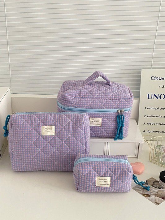 Color Block Plaid Makeup Bag Stylish Quilted Storage Organizer