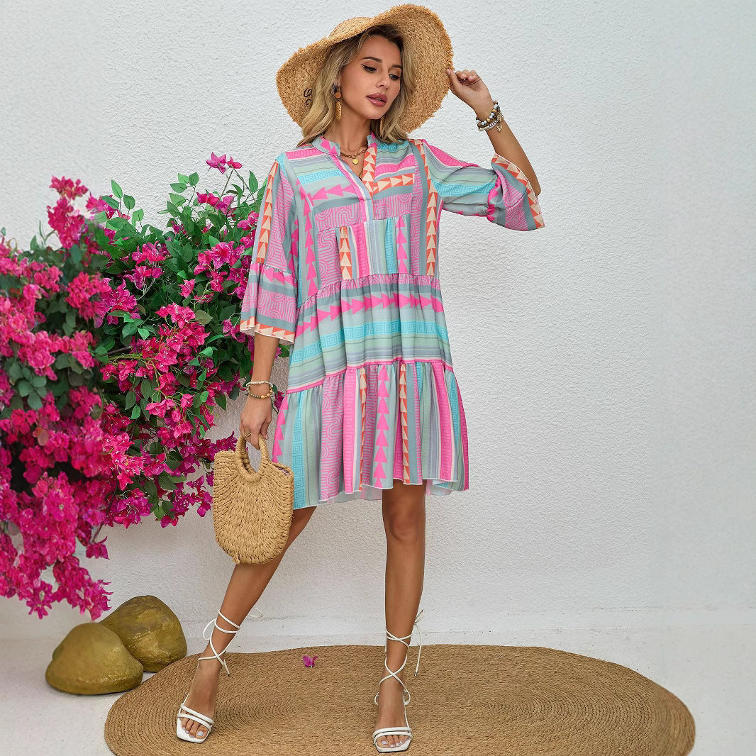 Women'S Clothing New Spring And Autumn Printing V-Neck Seven-Quarter Sleeve Dress