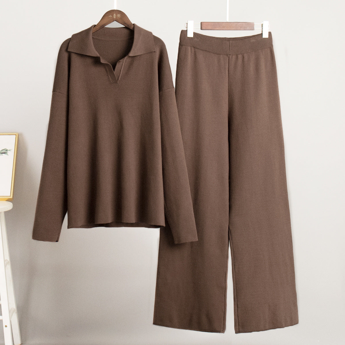 Knitted Sweater Set with Polo Neck and Wide Leg Pants for Casual Style