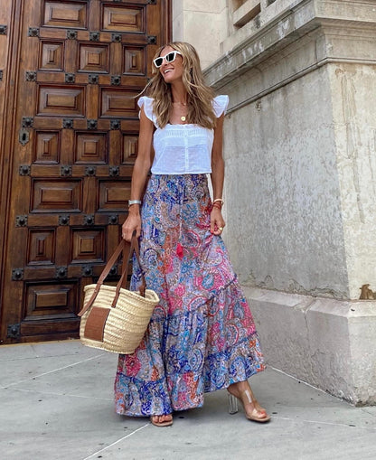 Summer Street Style Women'S Print Long Skirt Ruffled Skirt Skirt