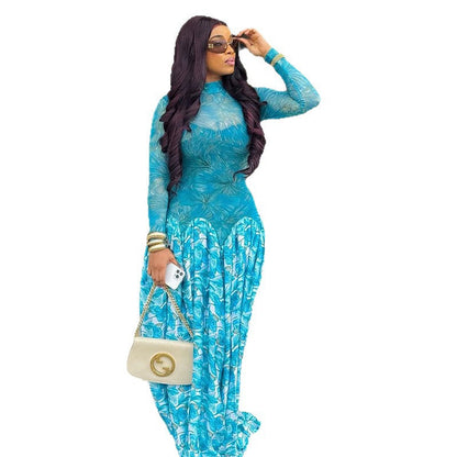 Floral Print A-Line Dress With High Neck Long Sleeve