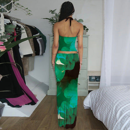 Fashion Floral Print Sexy U-Neck Slim Fit Tank Dress Set