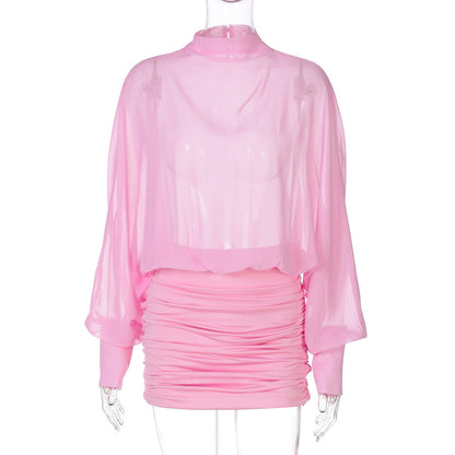 Chic Pink Chiffon Dress with Sheer Detailing