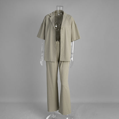 Casual Cotton Short Sleeve Shirt and Long Pants Set