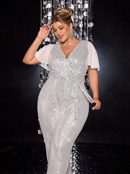 Trendy Casual V-Neck Jumpsuit with Mesh Sleeves