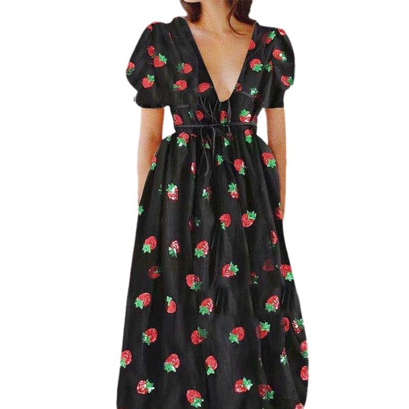 French Strawberry Four-Color Sequins Sweet Long Skirt Gauze Strap Slim Fashion Dress