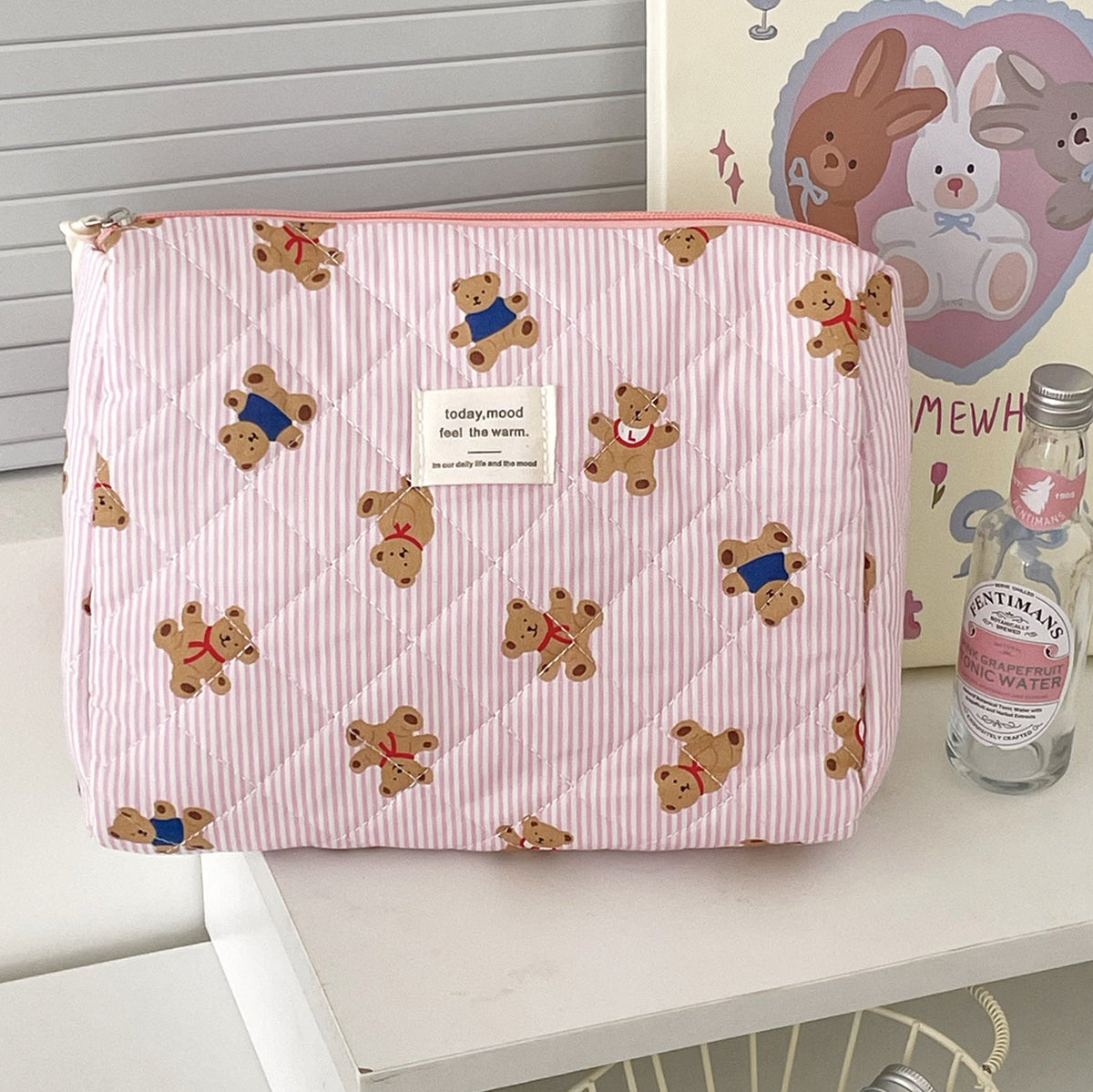 Cute Pink Striped Bear Makeup Bag Portable Cartoon Toiletry Pouch