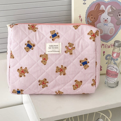 Cute Pink Striped Bear Makeup Bag Portable Cartoon Toiletry Pouch