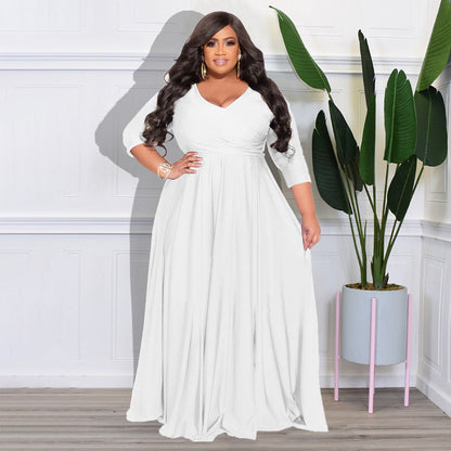 Plus Size Solid Color V-Neck Elegant Long Dress