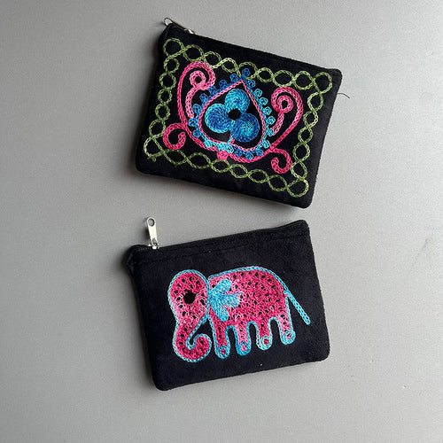 Nepali Hand-Embroidered Suede Ethnic Style Mini Coin Purse Pocket Card Bag Short Fabric Coin Bag