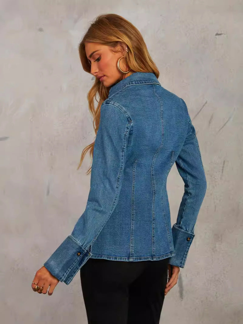 Casual Denim Shirt with Polo Neck for Women