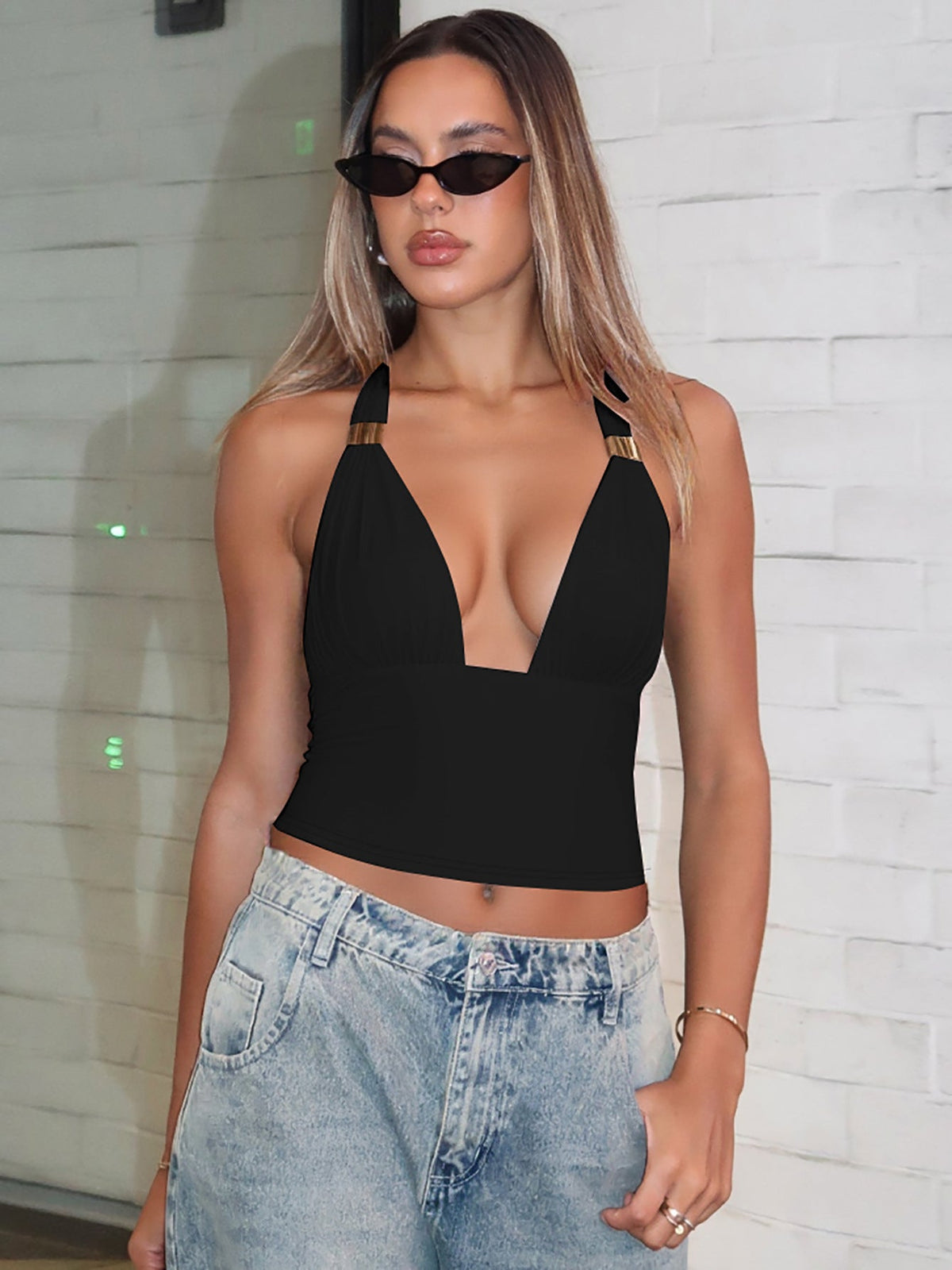 Sleeveless Deep V Neck Backless Bodysuit with Metal Detailing