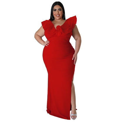 Solid Color Bodycon Dress Elegant V-Neck Long Dress