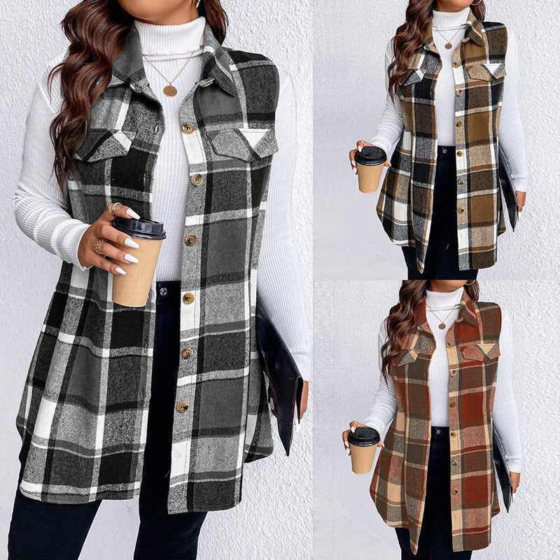 Checkered Sleeveless Vest Casual Loose Women'S Coat