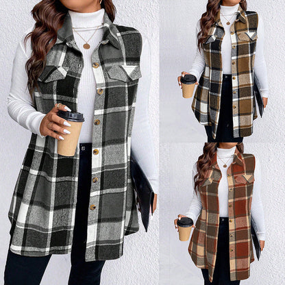 Checkered Sleeveless Vest Casual Loose Women'S Coat