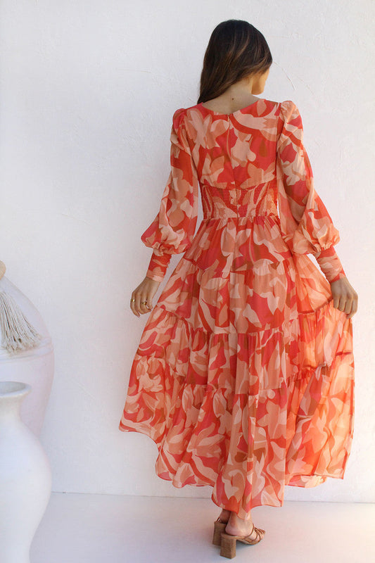 Autumn And Winter Casual Print Long Sleeves V-Neck Large Swing Dress Long Dress
