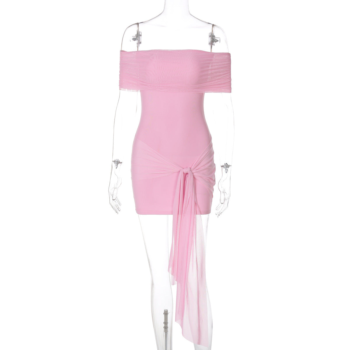 Fashionable Sexy Mesh Bodycon Dress With Ribbons