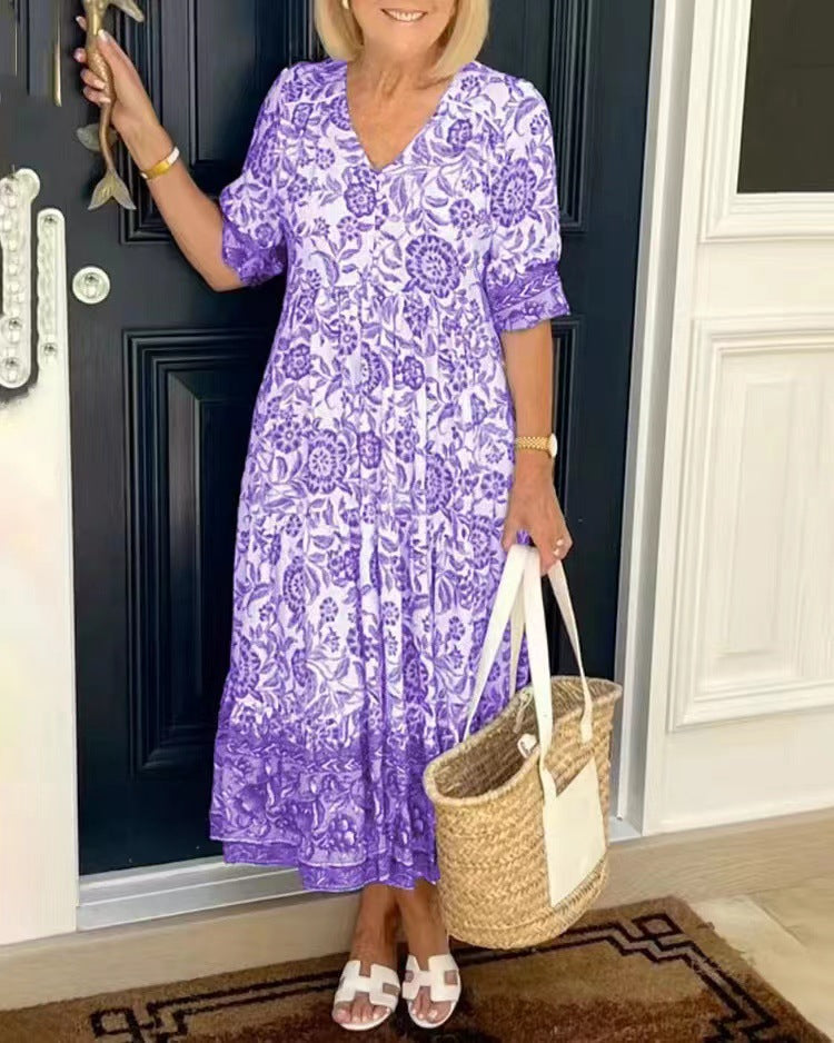V-Neck Floral Dress, Seaside Resort Beach Dress, Loose And Versatile Long Dress